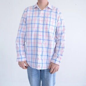 Vineyard Vines White Pink Blue Checker Classic Fit Murray Shirt 100% Cotton Shir